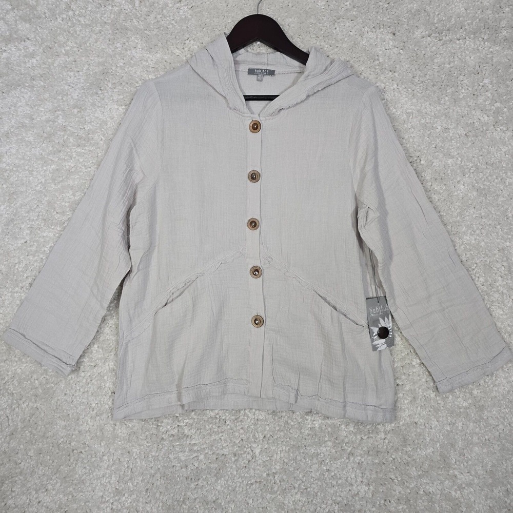 Habitat Womens Gauzy Hooded Jacket Top Size XS Button Front Pockets Lagenlook